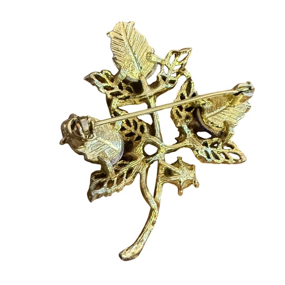 Vintage Blue Aurora Borealis Elegant Gold Leaf Brooch Molded in Glass Leaf - Picture 7 of 12